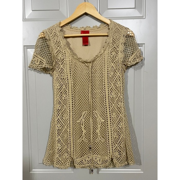 V Cristina Tops - V Cristina Crochet Knit Top Women Size Medium Tan Good Boho Lace Tie Front V107